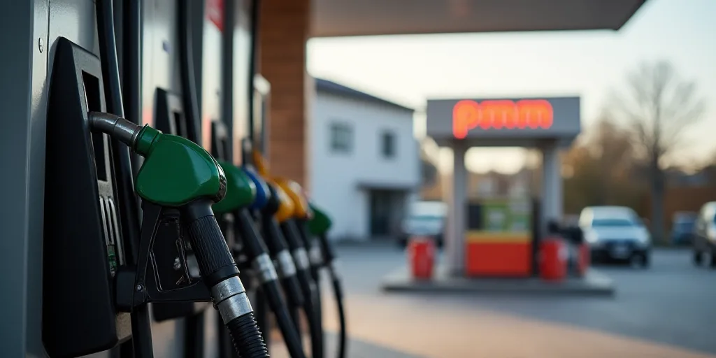 a gas station with a row of gas pumps and a gas pump in the background with a sign that says pmm, Ce