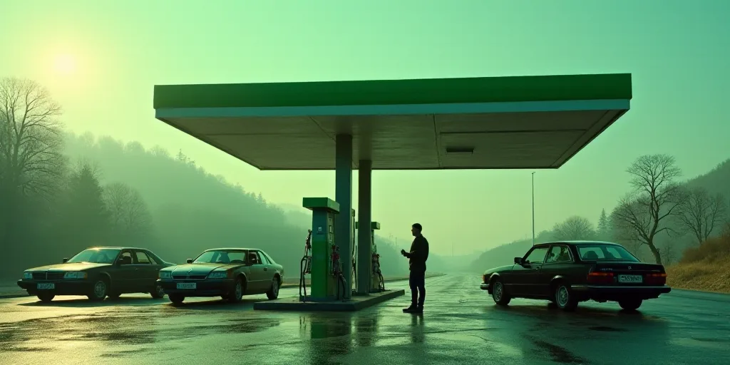a gas station with cars parked in it and a man standing in the doorway of the station with a gas pum