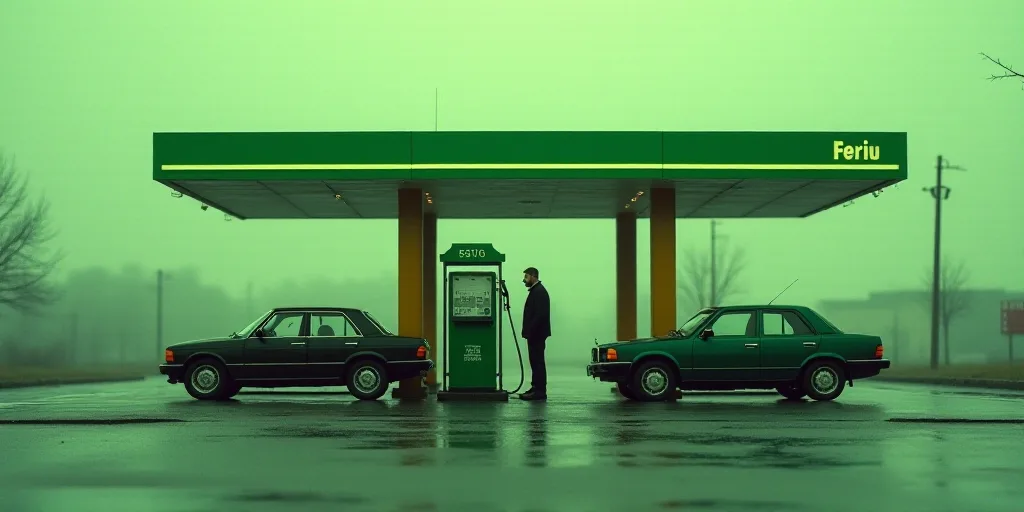 a gas station with cars parked in it and a man standing in the doorway of the station with a gas pum