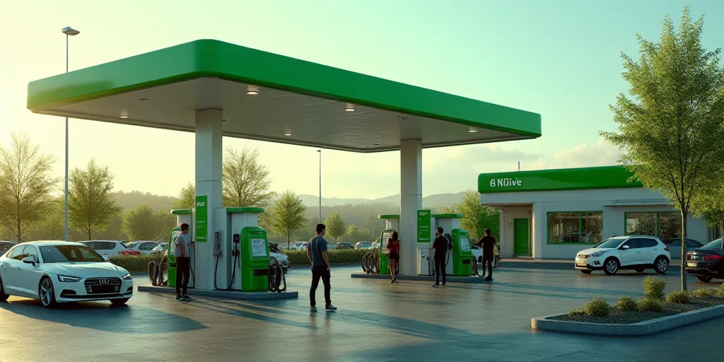 a gas station with cars parked at the gas pumps and people standing around the gas pumps and cars wa