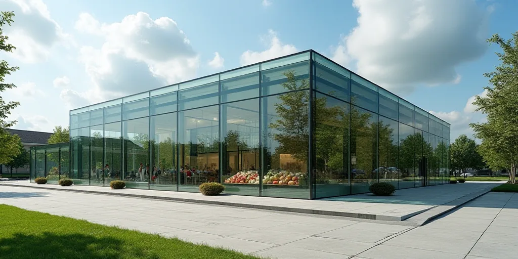 a glass building with a sign on it that says fresh foods in front of it and a sky background, Floren