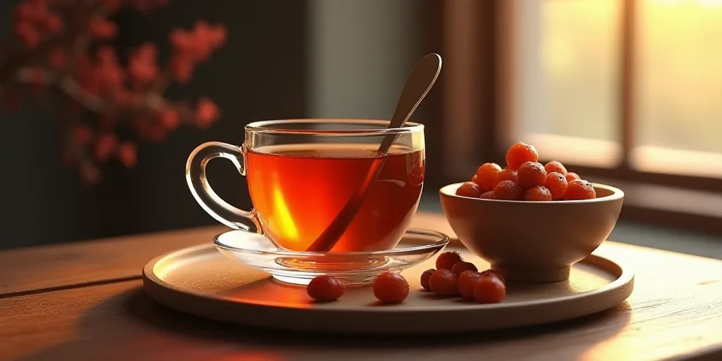 a glass cup of tea with a spoon and a bowl of dried berries next to it on a table, Cao Zhibai, produ