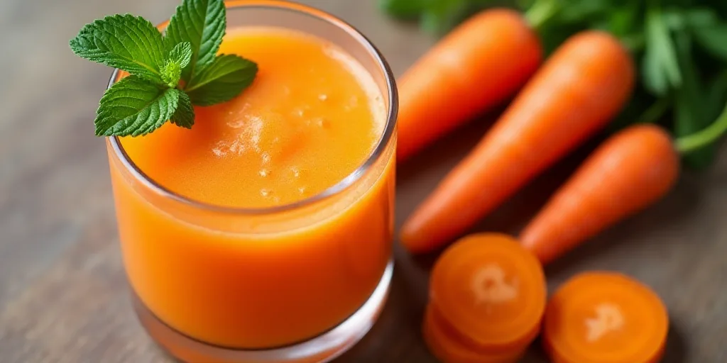 a glass of carrot juice with a mint garnish on top of it and sliced carrots on the side, Évariste V