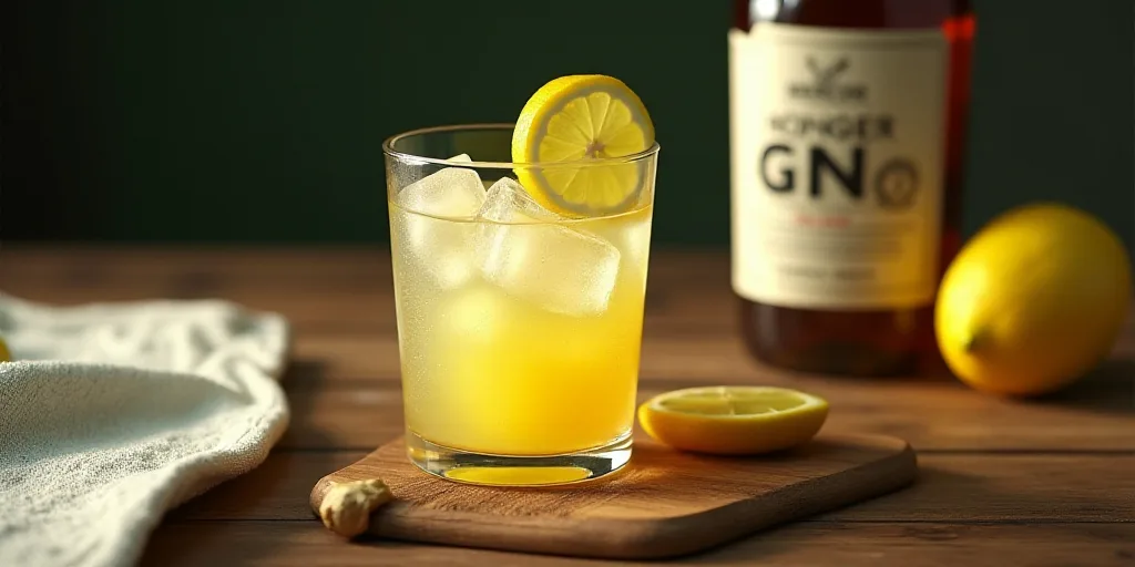 a glass of lemonade with a lime and ginger on a wooden table with a towel and a bottle of gin, Dorot