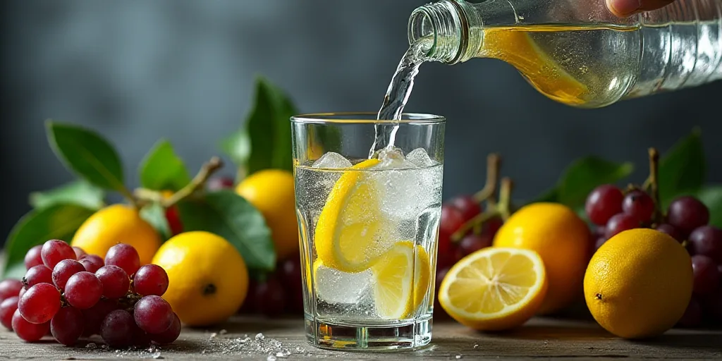 a glass of water being poured into a glass of water surrounded by grapes and lemons, with a bottle o