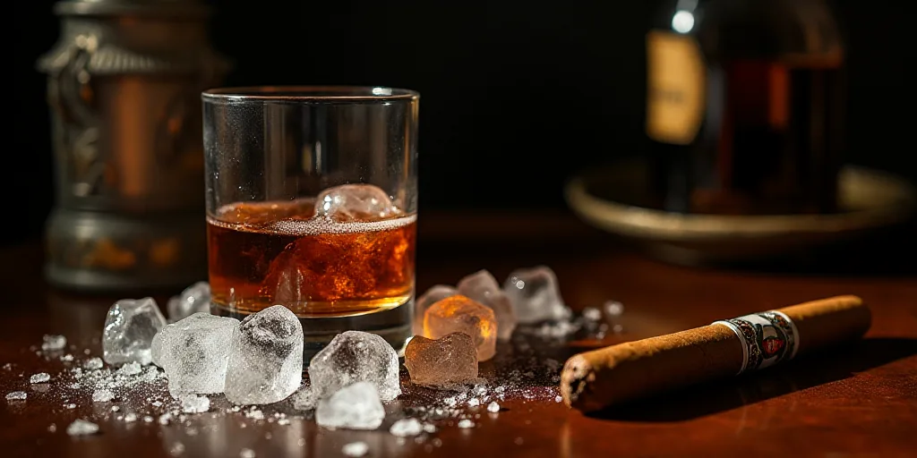 a glass of wine and a cigar on a table with ice cubes and a bottle of wine on it, Enguerrand Quarton