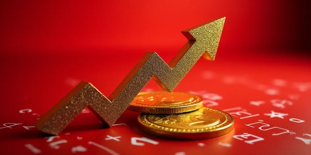 a gold and silver coin with an arrow pointing up on a red background with numbers and symbols in the
