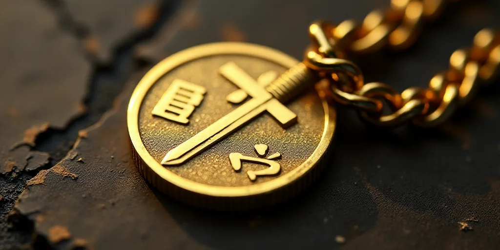 a gold coin with a sword on it is on a chain with a chain link around it and a chain around it, Eiic