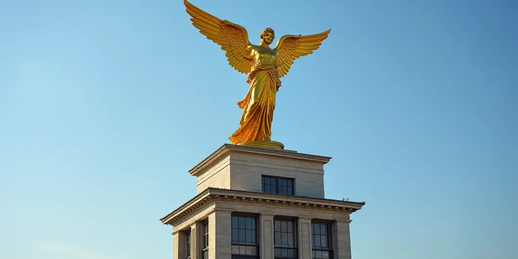 a golden angel statue on top of a tall building with a sky background and a blue sky behind it, Davi