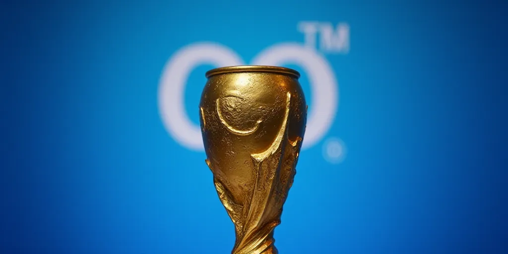 a golden trophy is shown in front of a blue background with a white logo behind it and a blue backgr