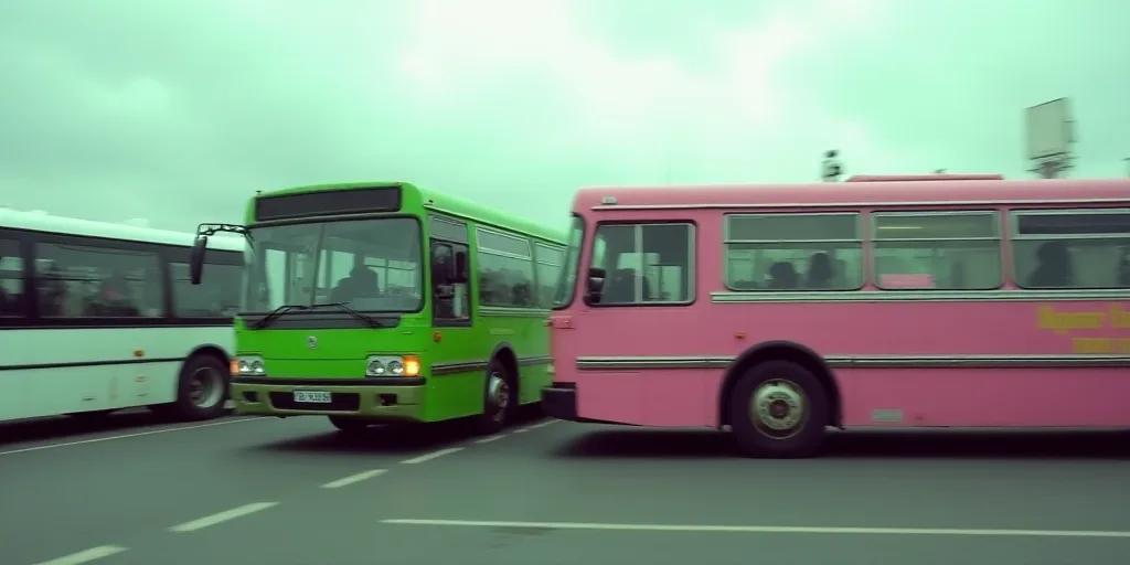 a green and pink bus parked next to a white bus on a street with other buses behind it and a cloudy