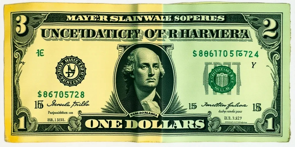 a green and yellow bill with a picture of a statue of liberty on it and a green and white one dollar