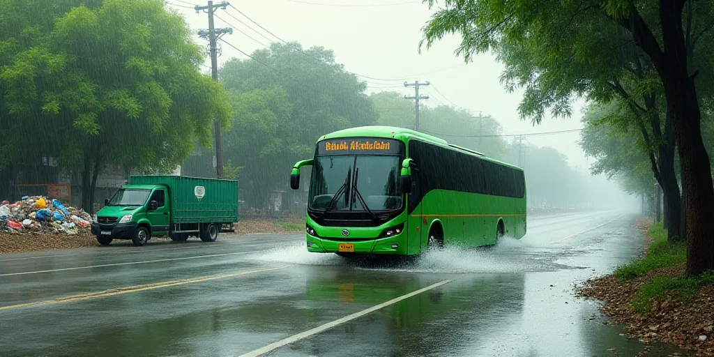 a green bus driving through a flooded street next to a green truck and a pile of trash on the side o