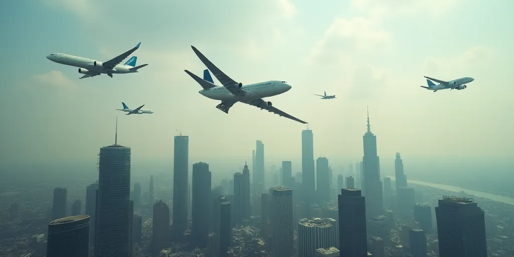 a group of airplanes flying over a city skyline with tall buildings in the background and a few jets