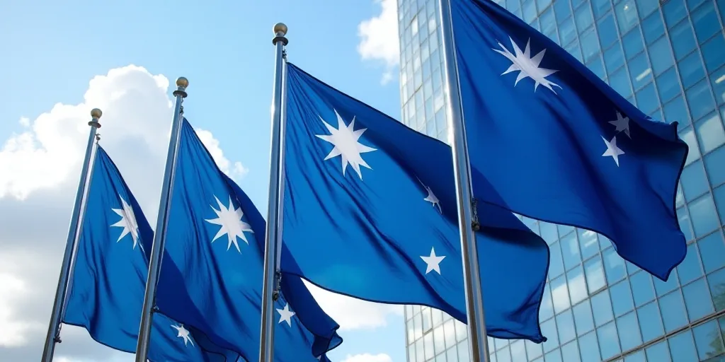 a group of blue banners with white stars on them in front of a building with a glass facade and a bl