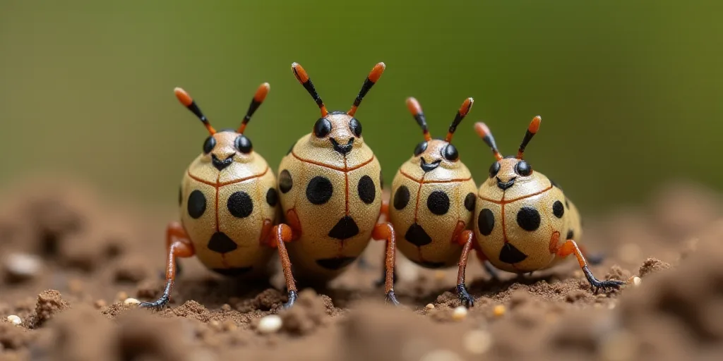 a group of bugs that are standing together in the dirt together, with black dots on the wings and th