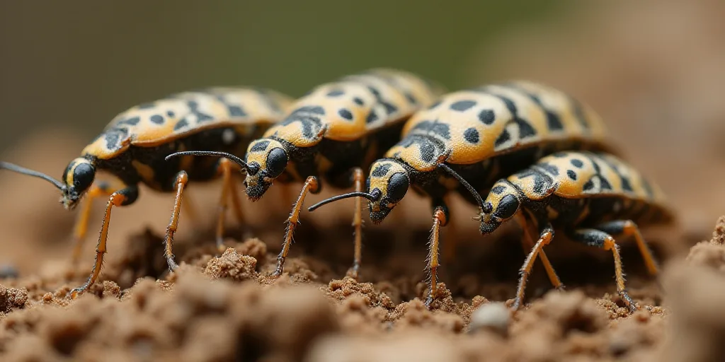 a group of bugs that are standing together in the dirt together, with black dots on the wings and th