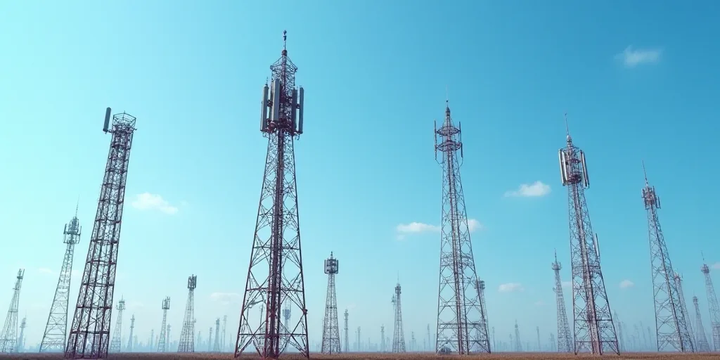a group of cell towers with the word atlas above them and the word atlas above them in a blue sky, A