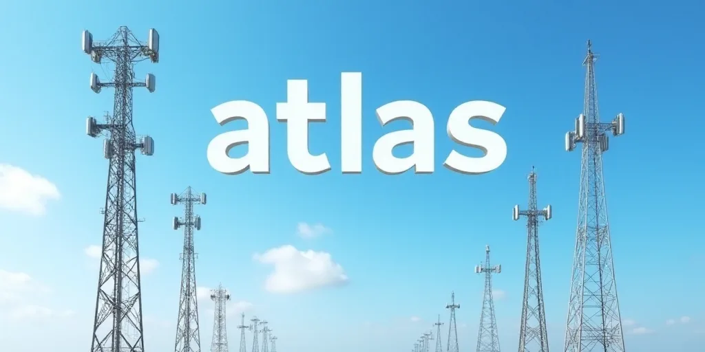 a group of cell towers with the word atlas above them and the word atlas above them in a blue sky, A