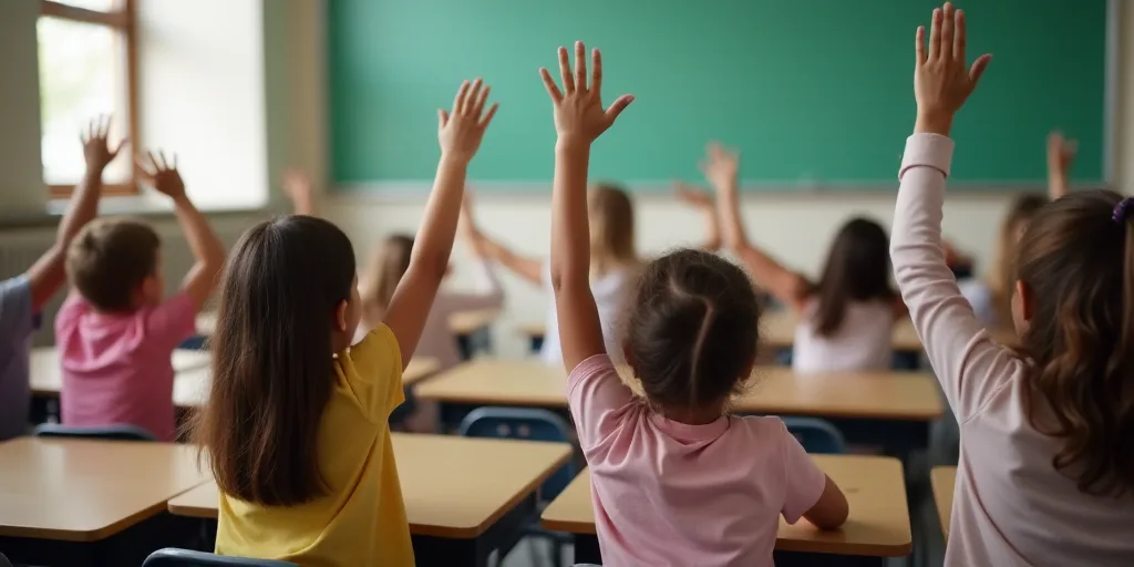 a group of children sitting at desks in a classroom with their hands up in the air and one child rai