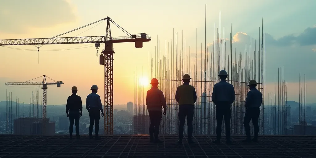 a group of construction workers working on a building site with a crane in the foreground and a cons