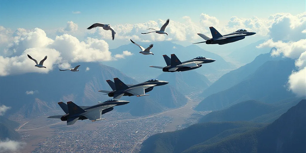 a group of fighter jets flying in formation in the sky above a city and mountains in the background,