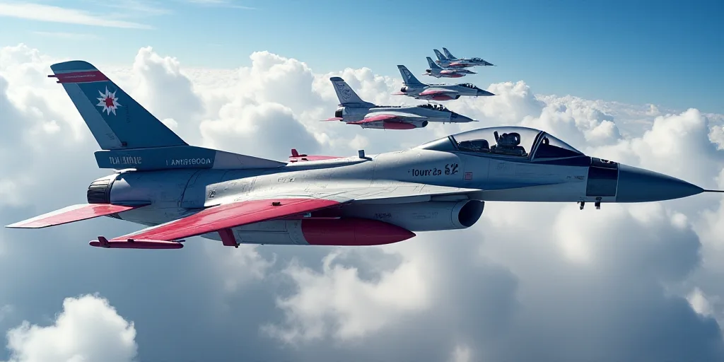 a group of fighter jets flying in formation over a flag with a sky background and clouds in the back