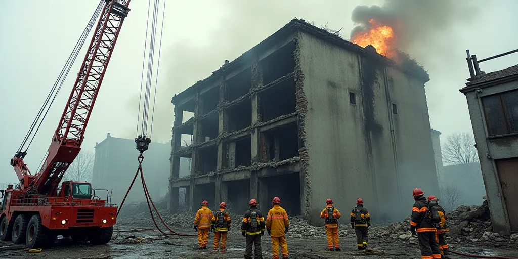 a group of firefighters are working on a building that has been destroyed and is being worked on by