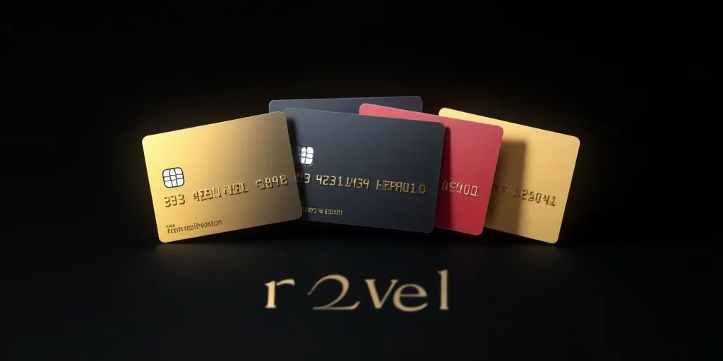 a group of four credit cards sitting next to each other on a black background with the words revol,