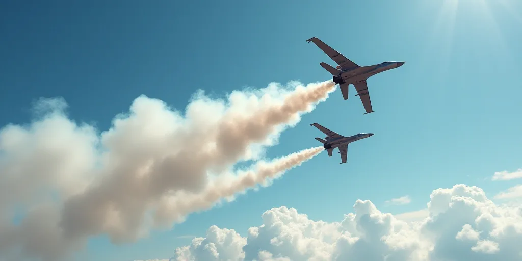 a group of jets flying in the sky with smoke coming out of them and leaving trails behind them in th