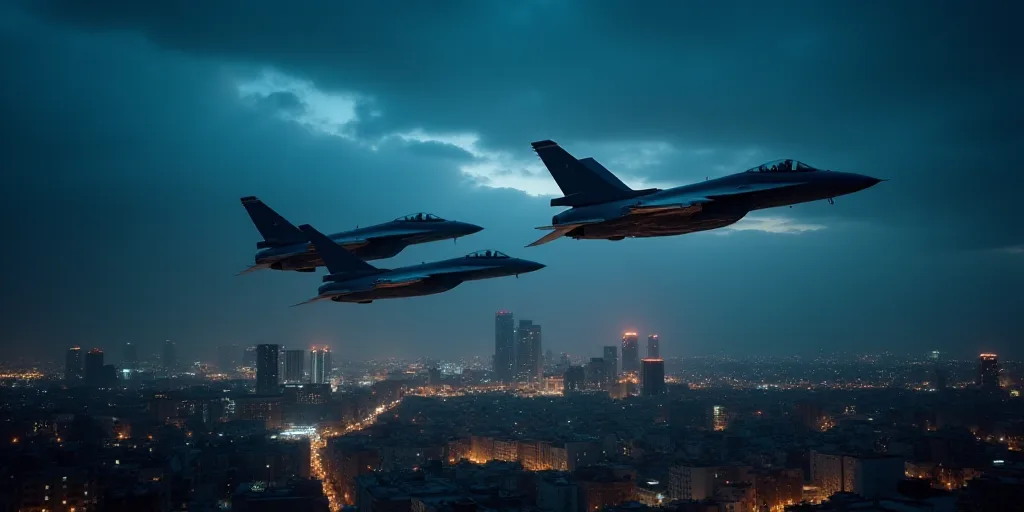 a group of jets flying over a city at night time with lights on the buildings and the sky in the bac