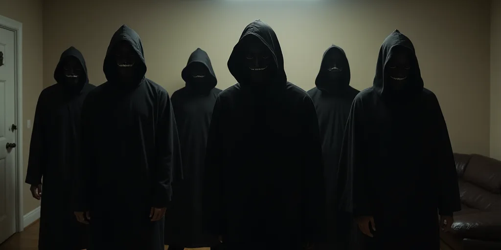 a group of men in black hoods and masks standing in a room with a couch and a door, Estuardo Maldona