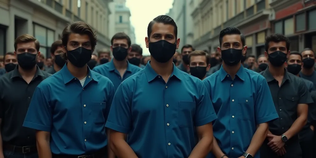 a group of men in blue shirts and black masks standing next to each other in a crowd of people, Eddi