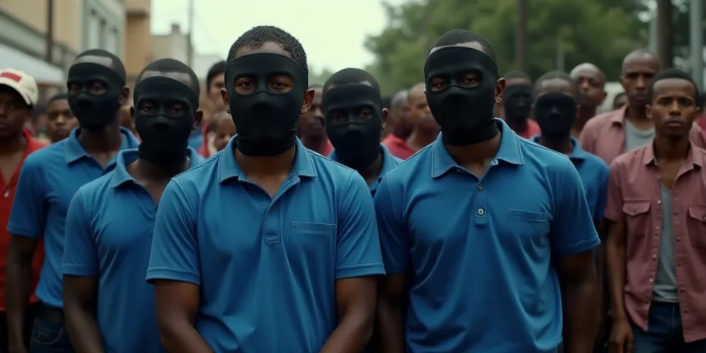 a group of men in blue shirts and black masks standing next to each other in a crowd of people, Eddi