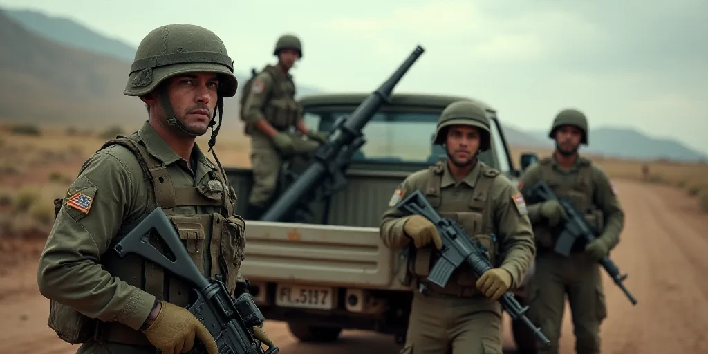 a group of men in military gear standing next to a truck with a gun in the back of it, Estuardo Mald