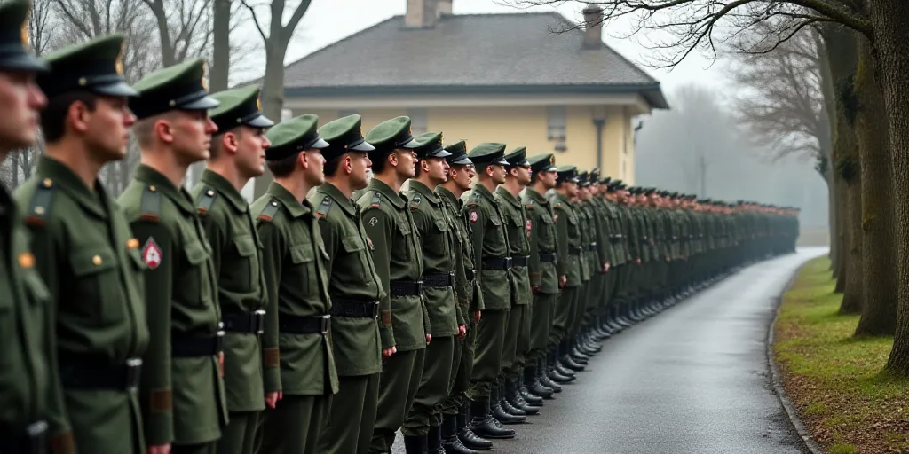 a group of men in military uniforms standing in a line on a road with trees in the background and a