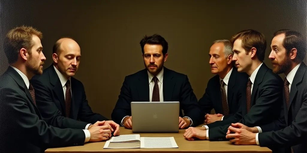 a group of men in suits and ties sitting around a table with a laptop computer on it and a man in a