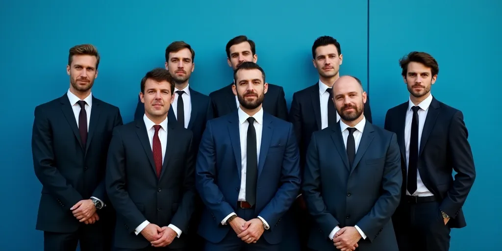 a group of men in suits and ties posing for a picture together in front of a blue wall with a blue b