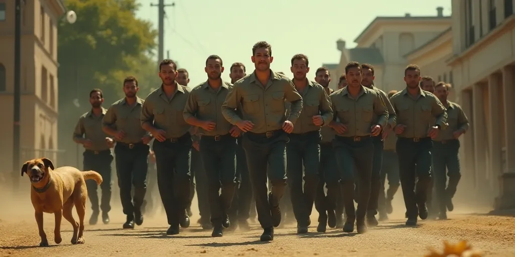 a group of men in uniform are running in a line with a dog in the background and a building in the b