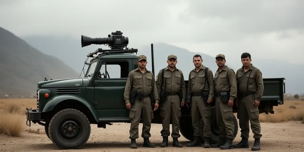 a group of men in uniform standing next to a truck with a camera on top of it and a camera on the ba