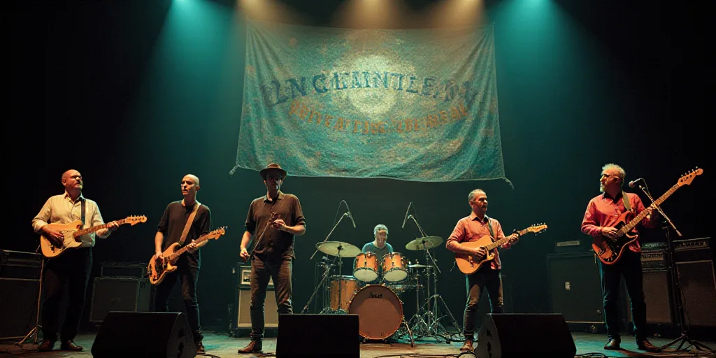 a group of men playing instruments on stage with a banner in the background that says enchantem unde