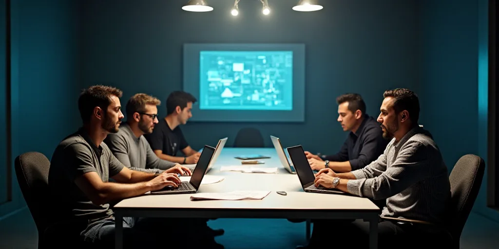 a group of men sitting around a table with laptops and papers on it, with a screen in the background