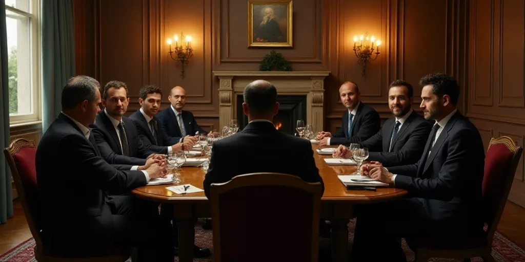 a group of men sitting around a table in a room with chairs and lamps on the walls and a fire place,