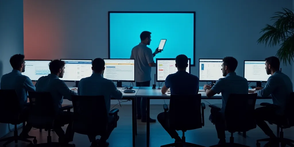 a group of men sitting at a computer desk with monitors on the wall behind them and a man holding a