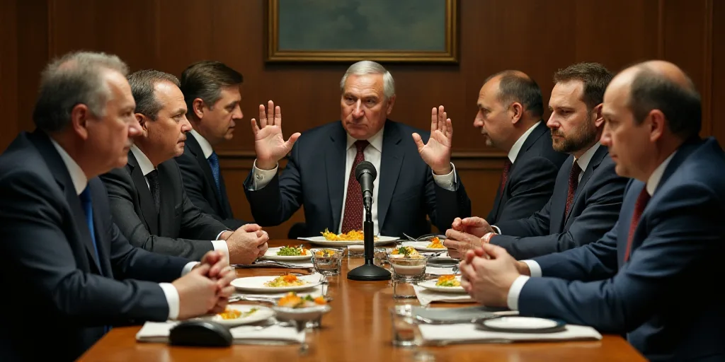 a group of men sitting at a table with food on it and a microphone in front of them with their hands