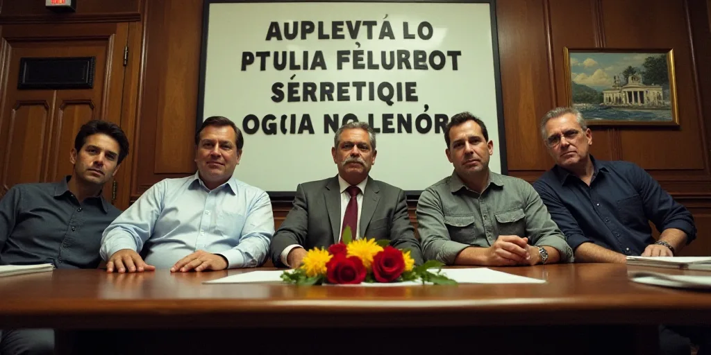 a group of men sitting at a table with flowers in front of them and a sign behind them that says,, E
