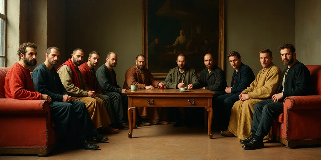 a group of men sitting on top of couches in front of a wooden table and a group of people, Avgust Č