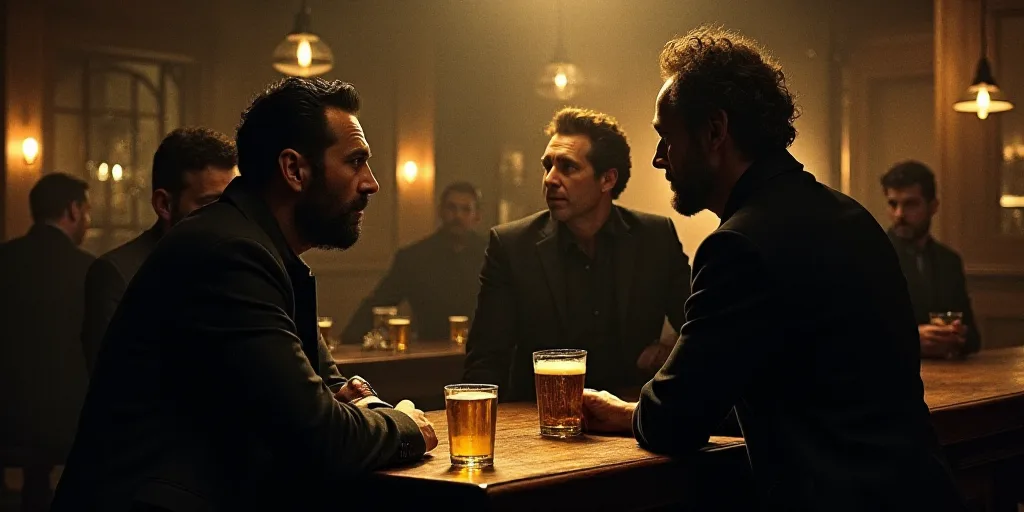 a group of men standing around a bar talking to each other and drinking beer in a pub or bar, Clyffo
