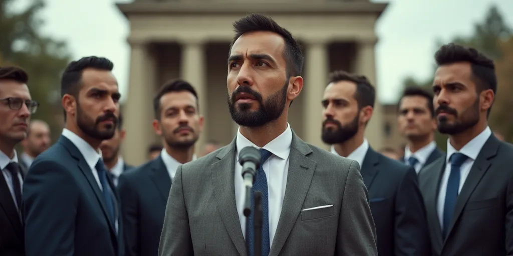 a group of men standing around each other in front of a building with a microphone in front of them,