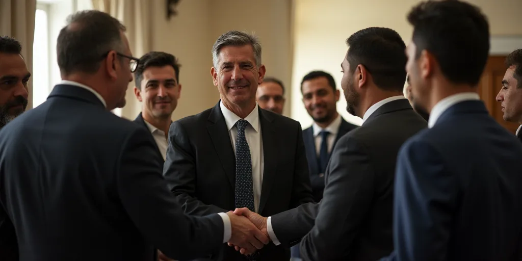 a group of men standing around each other shaking hands in a room with other men in the background a